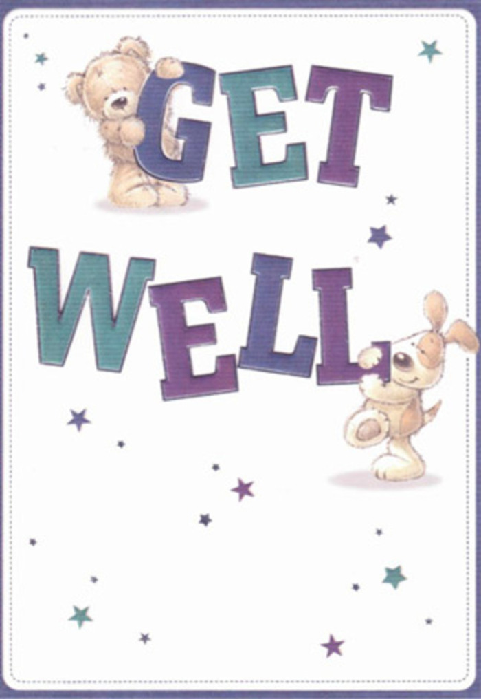 This beautifully illustrated get well card blends playful artistry with feelings of compassion, much like the thoughtfully selected blooms gathered at Flowers Whitechapel for a pick-me-up delivery in E1. The card centres around two delightful companions-a cuddly brown bear, plush and inviting, and a gentle puppy with downy ears and lively eyes-each taking part in expressing care by engaging with the oversized, lively 'Get Well' lettering. The bear's paw gently rests on the word 'GET,' while the puppy bounds up to the 'WELL' below, making the bold purple and teal text feel almost animated, as if buoyed by their cheerful energy. Deep jewel tones evoke the richness of late summer bouquets, while a scattering of shimmering blue and lilac stars floats across the creamy white background, recalling the twinkle of evening lights along Vallance Road or the soft hush after a Whitechapel rain. The artwork's tactile textures-suggested in every sweep of fur and velvet ear-invite a sense of touch and nearness, similar to the approach a local florist takes in composing an arrangement that soothes and lifts. Sending this card alongside a bouquet through Flowers Whitechapel creates a complete gesture of comfort, perfectly suited to perennial moments in life that call for empathy and hope. The gentle composition radiates encouragement to any recipient across the neighbourhood.